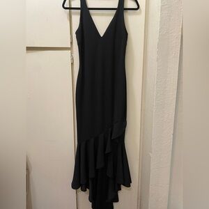Olive Tree Medium Black Sleeveless Plunge Neck Ruffle High Low Gown Dress